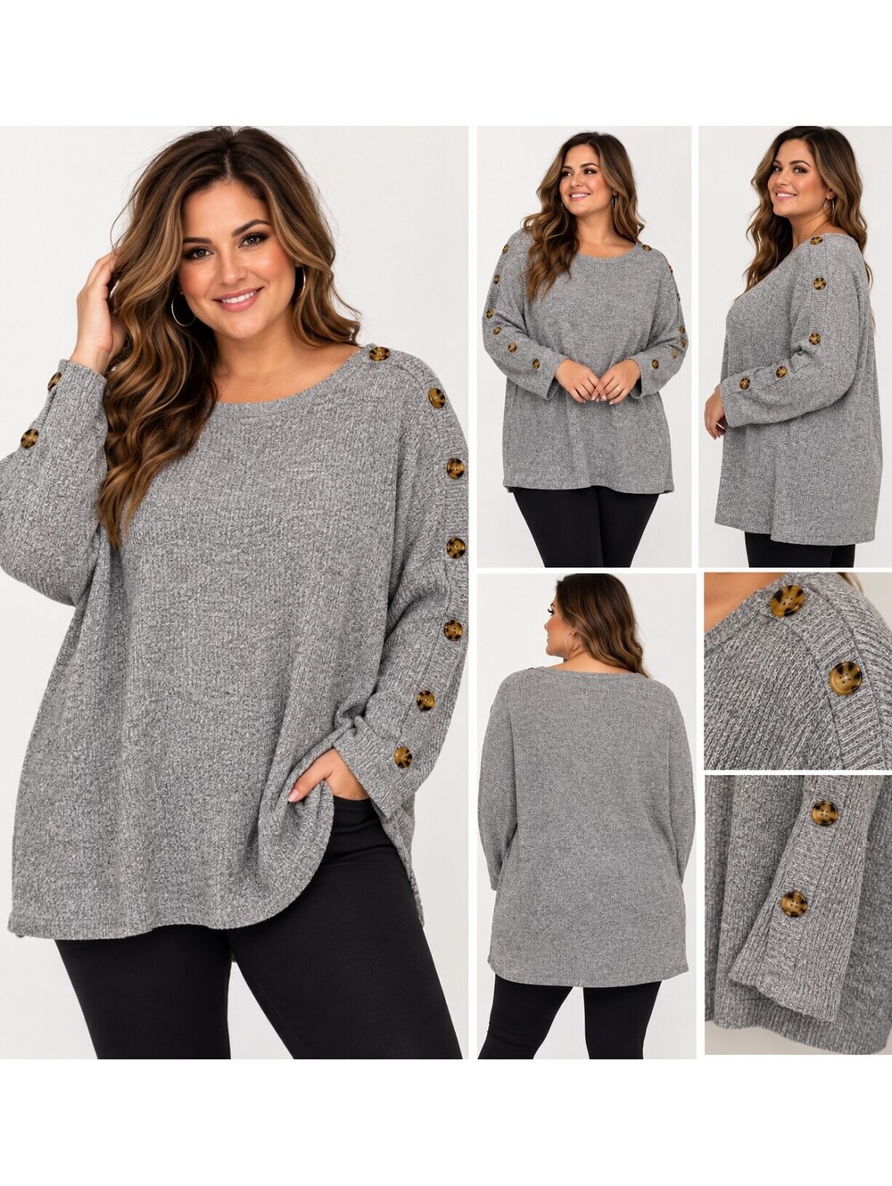 French Laundry Plus Size 3X Oversized Gray Button Sleeve Sweater